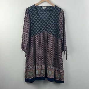 Jodifl Mixed Print Boho Long Puff Sleeve Tunic Dress Top Womens Size L